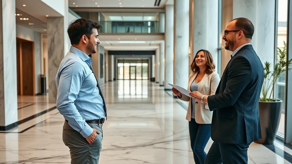 Real estate agent showing commercial building to potential buyers — selling commercial property in Doral